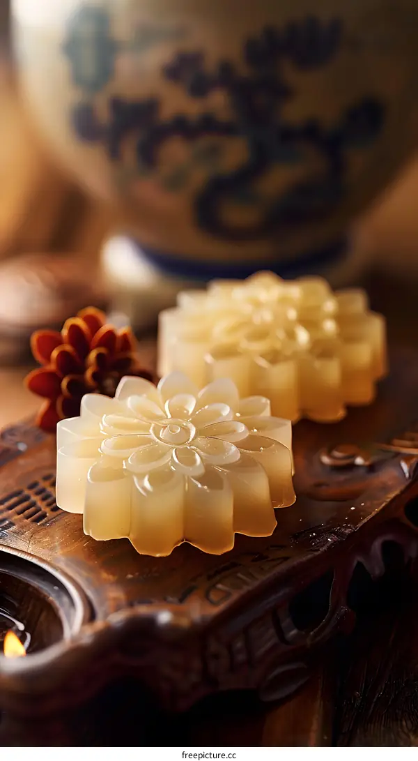 Close Up of Chinese Flower Shaped Dessert on Wooden Tray