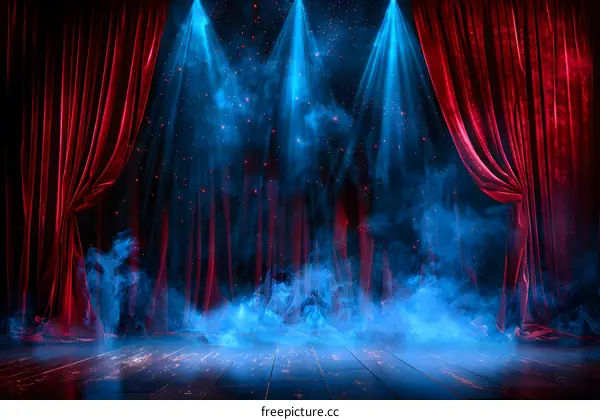 Red Curtains On Stage With Spotlight And Smoke