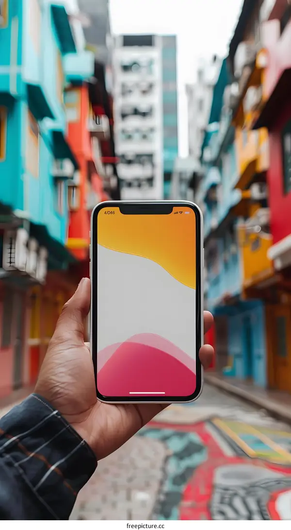Hand Holding Smartphone In Front Of Colorful Buildings