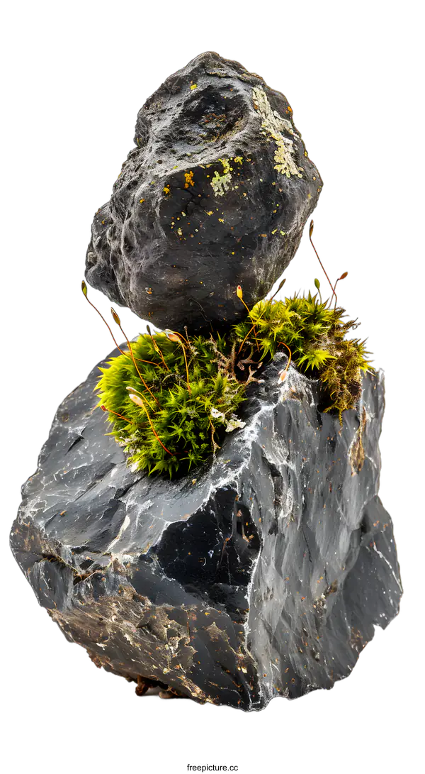 [Transparent Background PNG]Close Up of Stacked Rocks With Moss