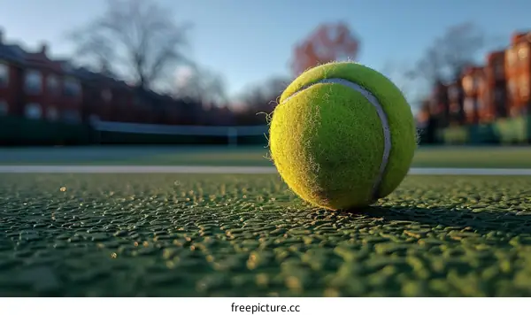 A green tennis ball on a hard court with a blurred background