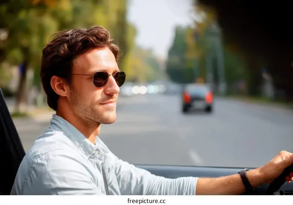 Caucasian Man Driving a Car in City