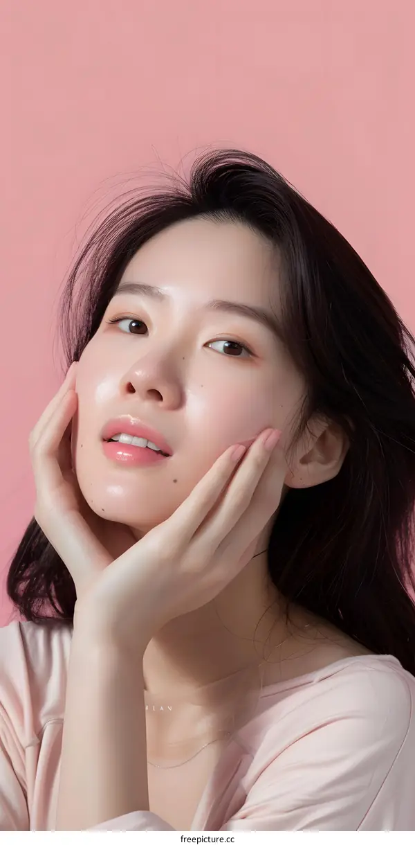 Beautiful Asian Woman with Smooth Skin and Pink Background