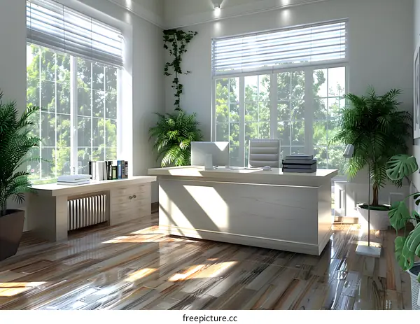 Office interior with large windows and plants