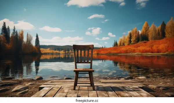 Wooden chair on a dock overlooking a lake in the fall