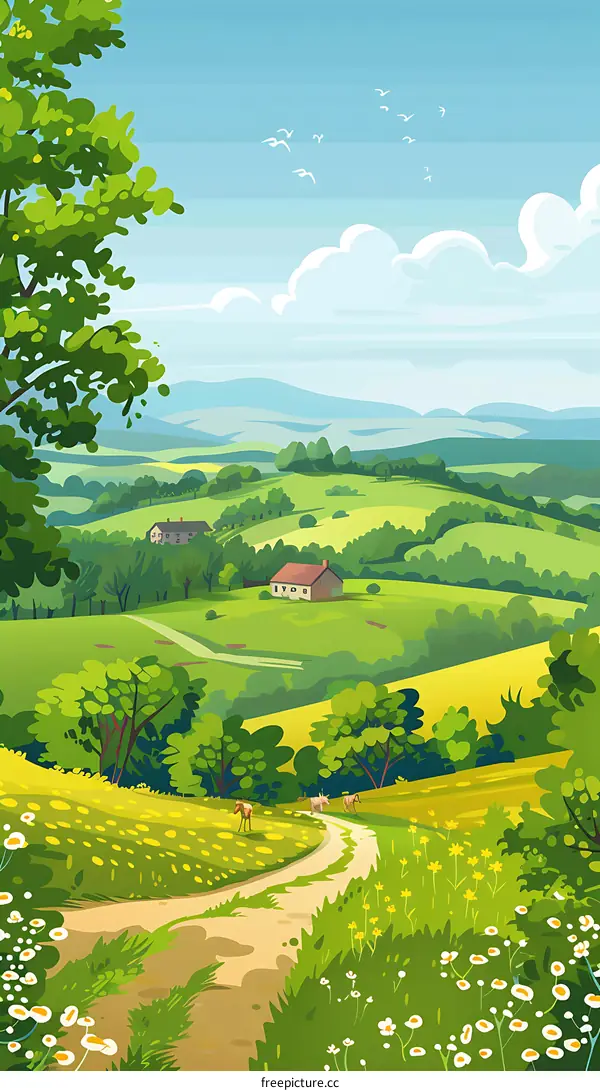 Countryside Landscape with Winding Road and Houses