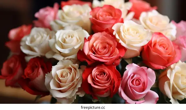 A bouquet of roses in various shades of red and pink
