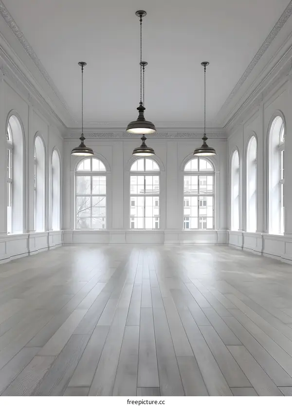 Empty White Room With Wooden Floor And Large Windows