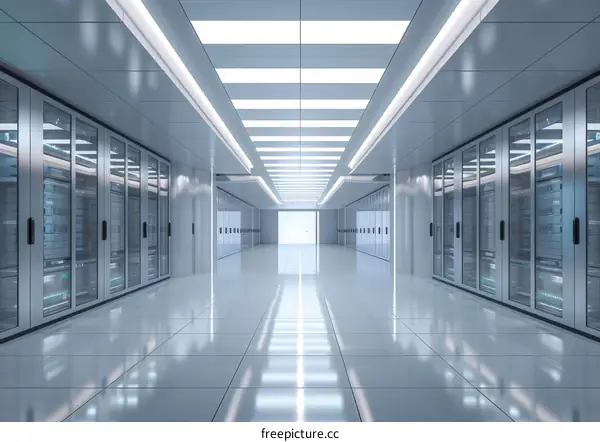 Futuristic server room with bright lights