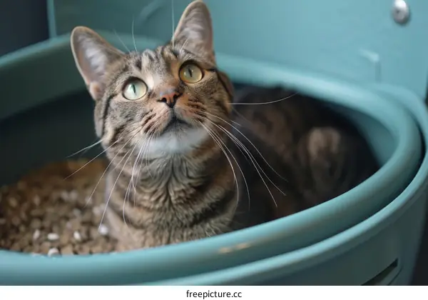 A cat looking up in a blue plastic litter box