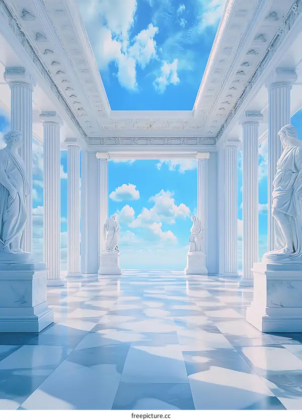 White Marble Columns And Statues With A View Of The Blue Sky