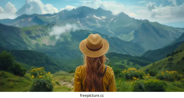 Young woman standing on top of a mountain admiring the view