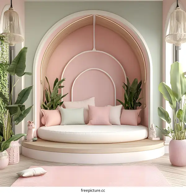 Pink and Green Minimalist Interior Design with Round Sofa and Plants