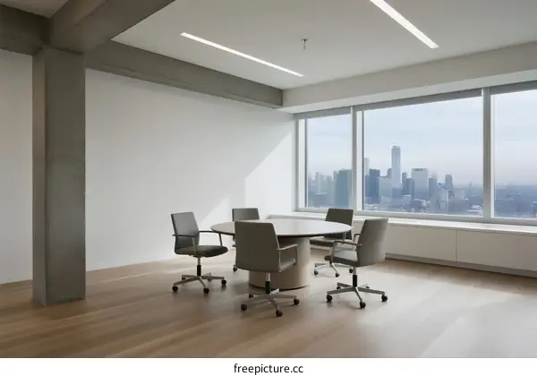 Modern office space with large windows and meeting table