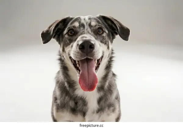 A cute dog with a spotted coat sticking out its tongue