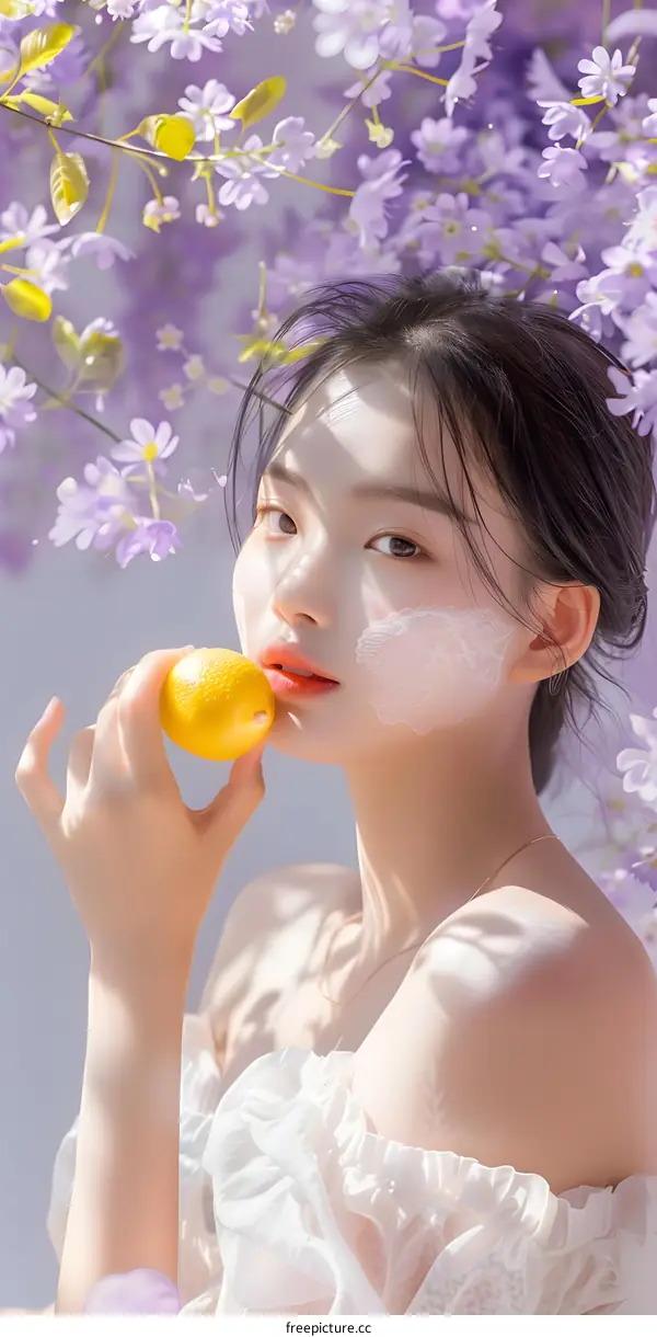 Young Asian Woman Holding a Lemon Against a Purple Flower Background