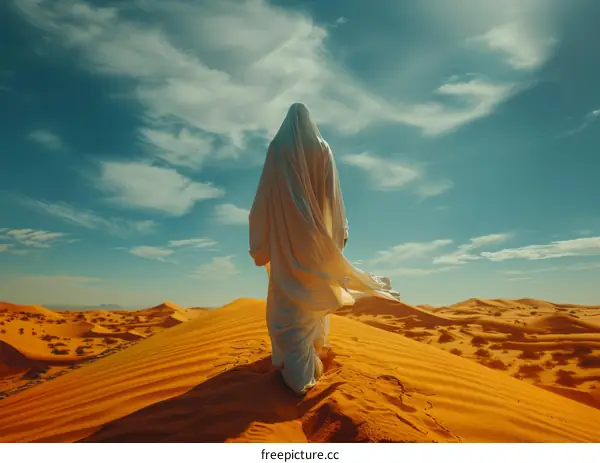 A figure in white robes walks through a desert landscape