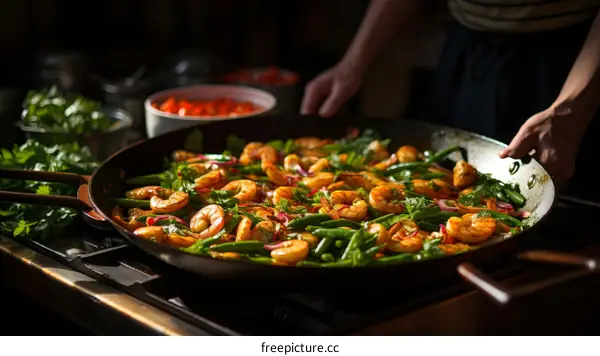 Woman Cooking Shrimp and Vegetables in a Pan