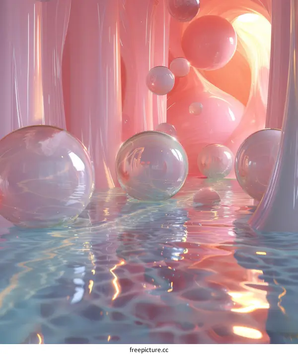 Pink surreal dreamscape with floating spheres and water
