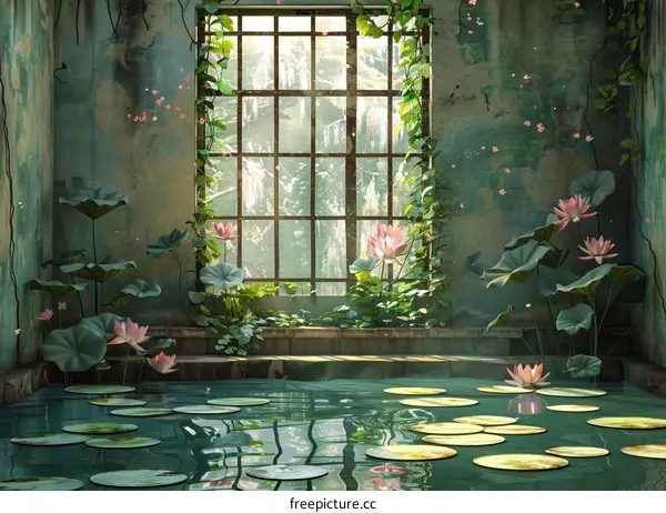 Fantasy interior with overgrown vegetation and water reflections