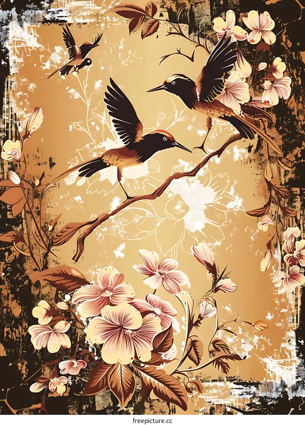Vintage Floral Background with Birds