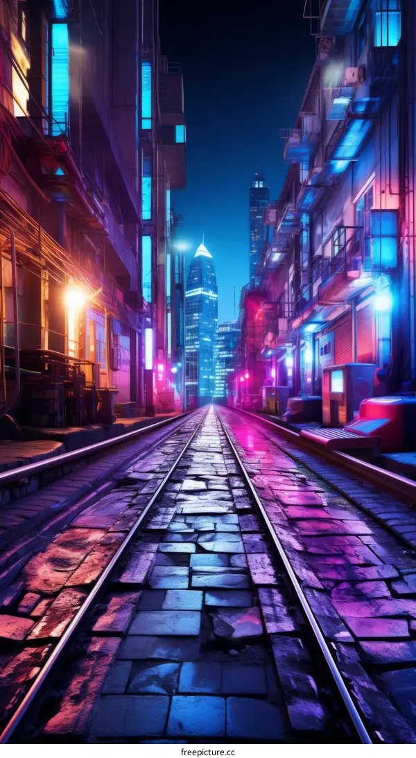 Futuristic cityscape with trains in foreground