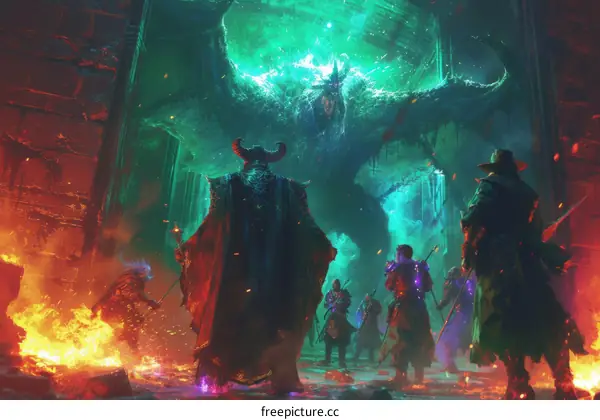 A group of adventurers facing a powerful monster in a dark and dangerous dungeon