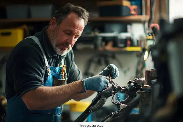 Senior Mechanic Working on Bicycle