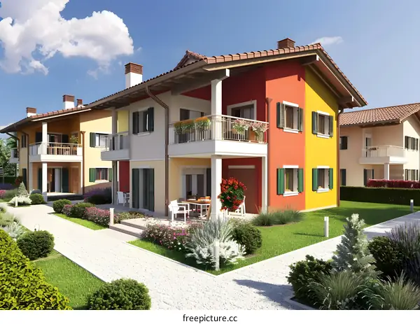 Modern Colorful Townhouses With Balconies And Lush Gardens