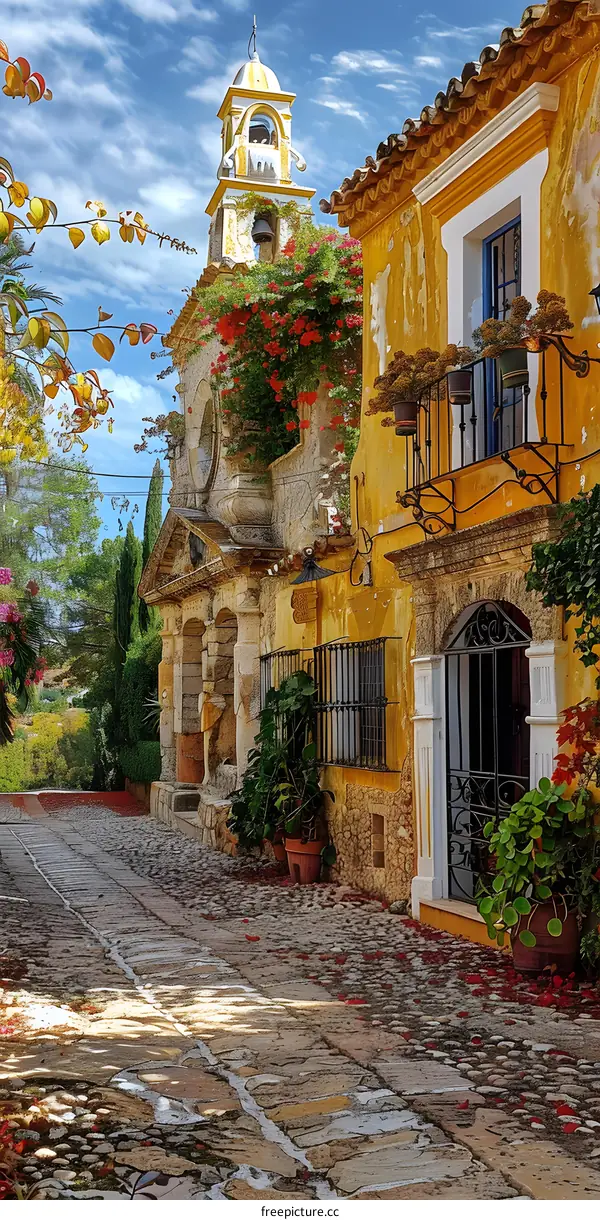 Charming European street with yellow houses and a church