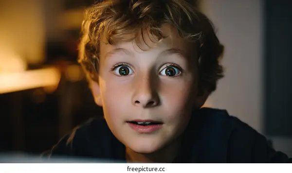 Close-up Portrait of a Caucasian Boy with Wide Eyes