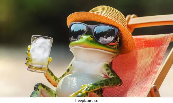 Funny Frog Relaxing on Beach Chair with Drink