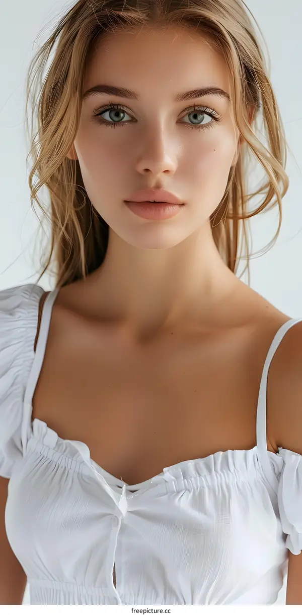 Portrait of Beautiful Woman with Blonde Hair and White Top