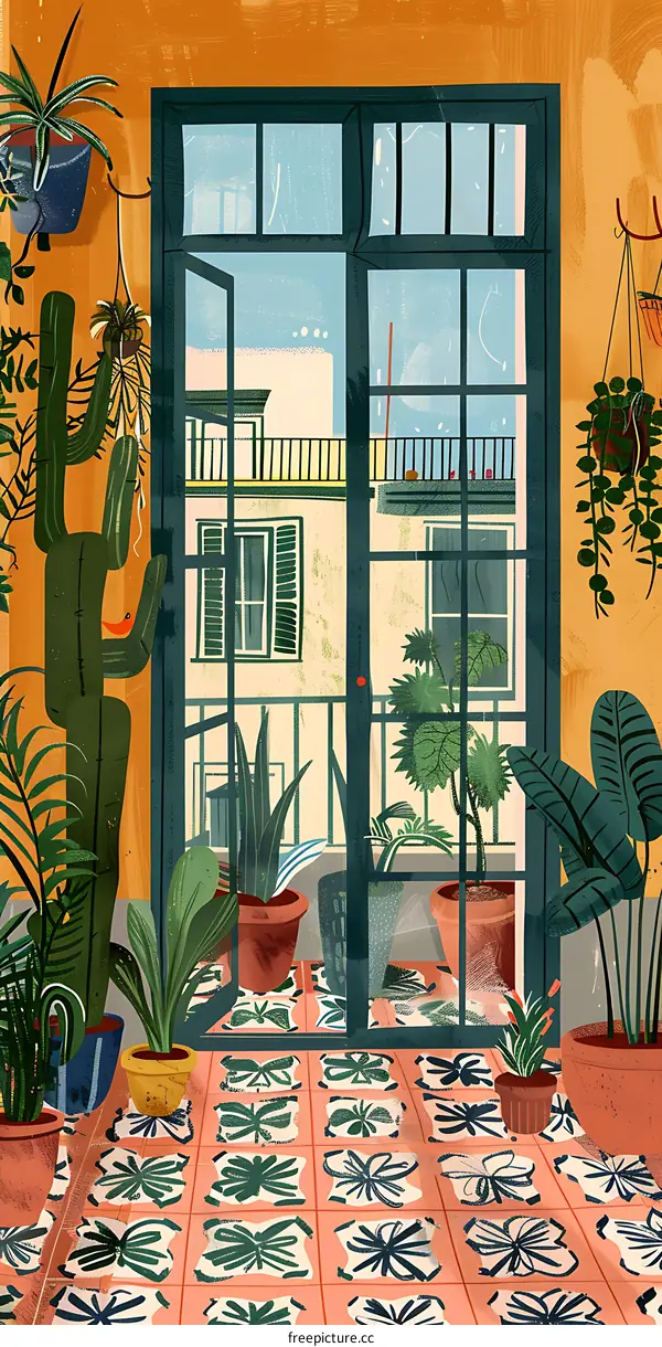 Window View of Plants and Terracotta Tiles in a Room