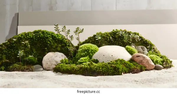 Green Mossy Landscape with White Sand and Rocks