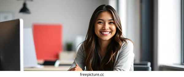 Smiling Woman Working at a Desk in a Modern Office