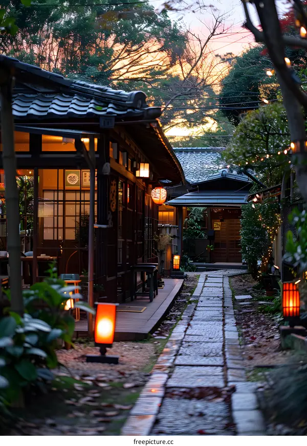 Japanese traditional houses at sunset