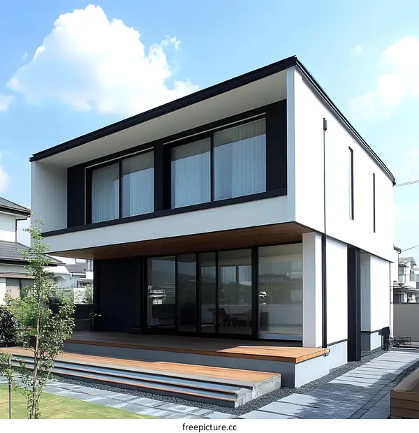 Modern White House with Black Windows and Wooden Deck