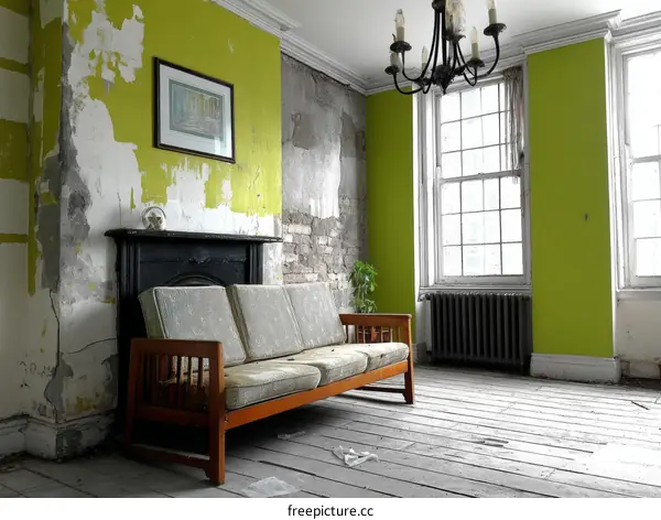 Abandoned Room with Vintage Sofa and Yellow Walls