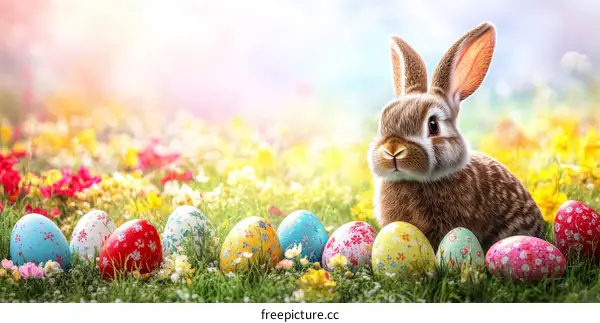 Easter Bunny and Colorful Eggs in a Spring Meadow
