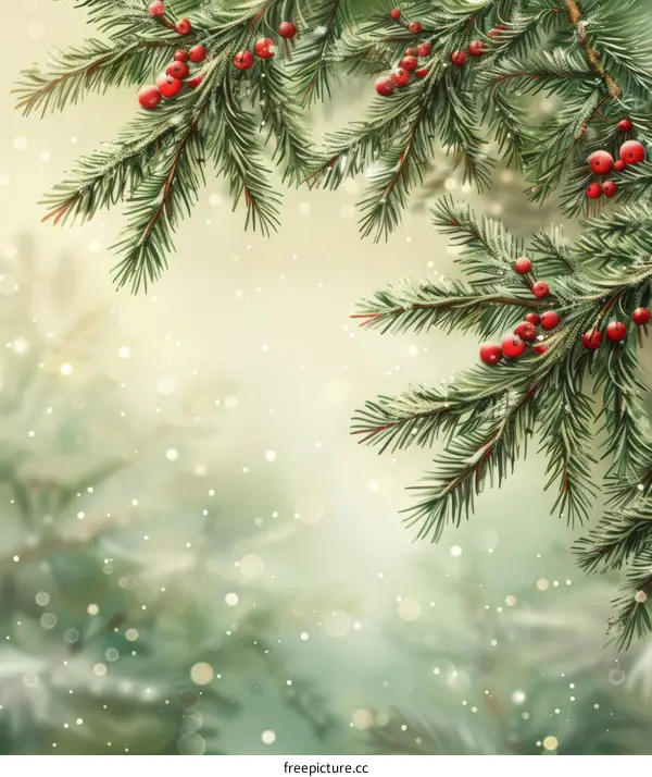 Frosted Pine Branches with Red Berries Winter Background