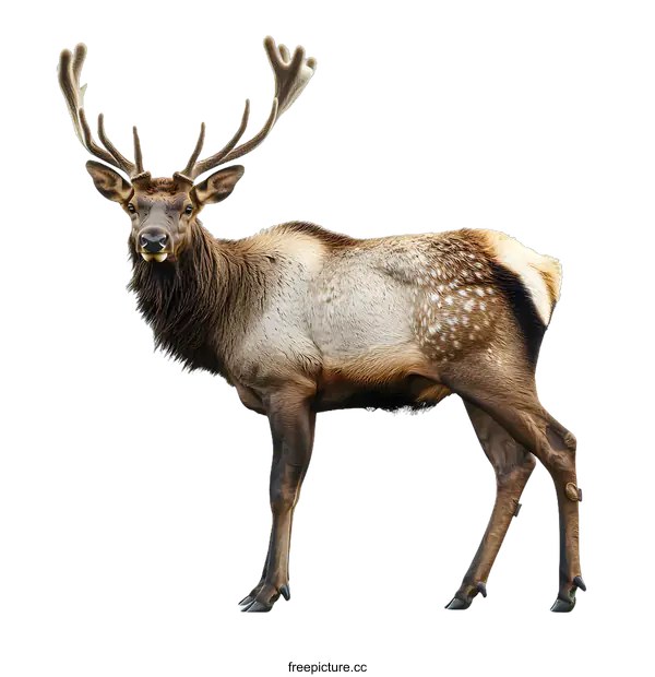 [Transparent Background PNG]Brown Elk with Large Antlers Standing on White Background