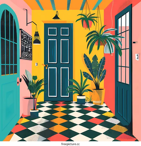 Colorful Entrance Hallway With Hanging Plants