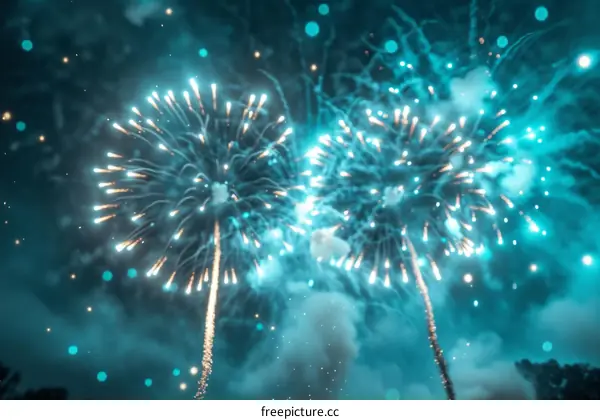 Teal and Yellow Firework Display