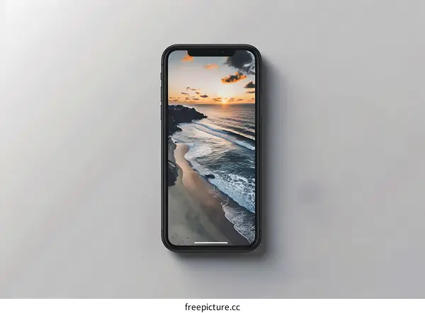 Black Smartphone Showing Beach Sunset Wallpaper