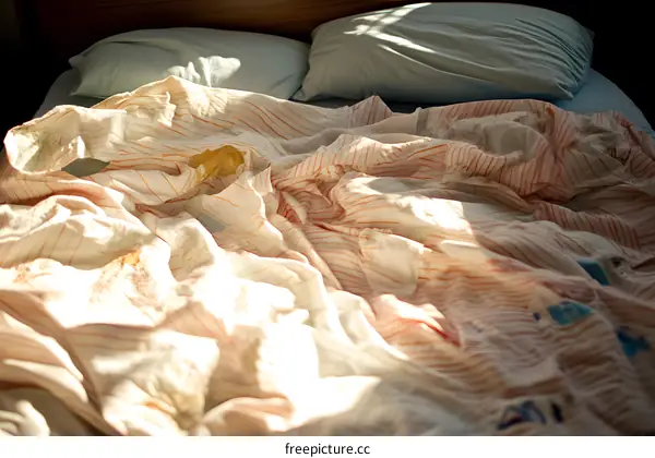 White and Red Striped Bedding with Sunbeams
