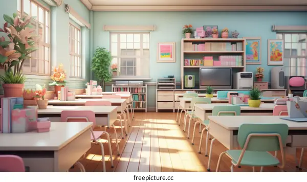 Classroom with pink and green accents
