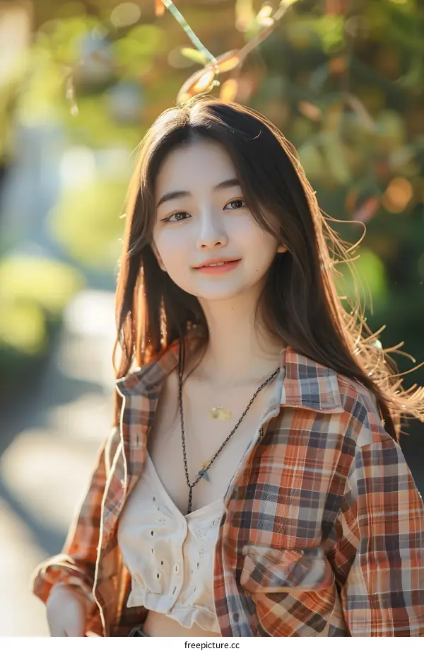 Asian Woman in Plaid Shirt Posing Outdoors