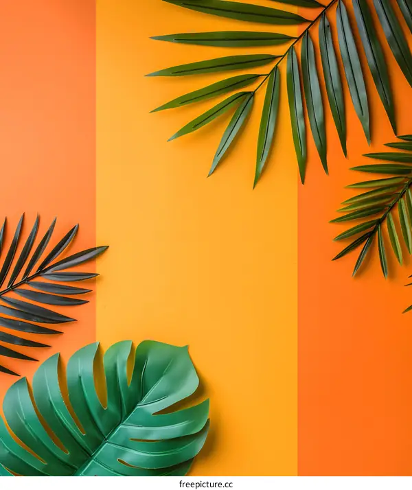 Tropical Leaves on Yellow and Orange Background