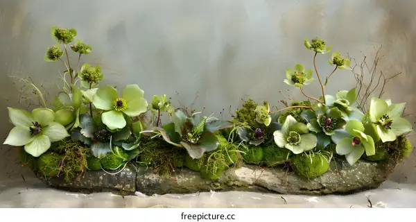 Green Flowers in a Stone Trough with Moss